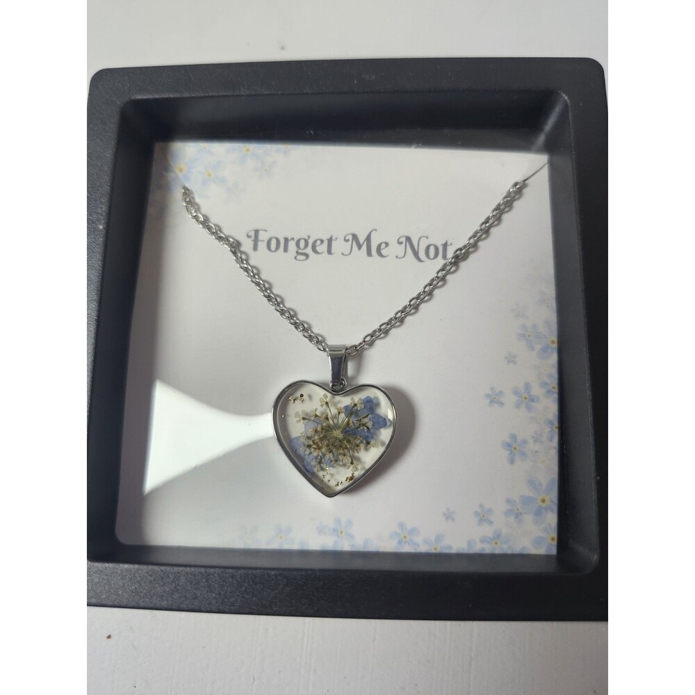 Heart Forget Me Not Flower Keepsake Pendant, Stainless Steel Chain